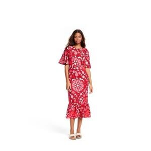 Rhode x Target Red and Pink Zinnia Floral Print Bell Sleeve Midi Dress Size 8